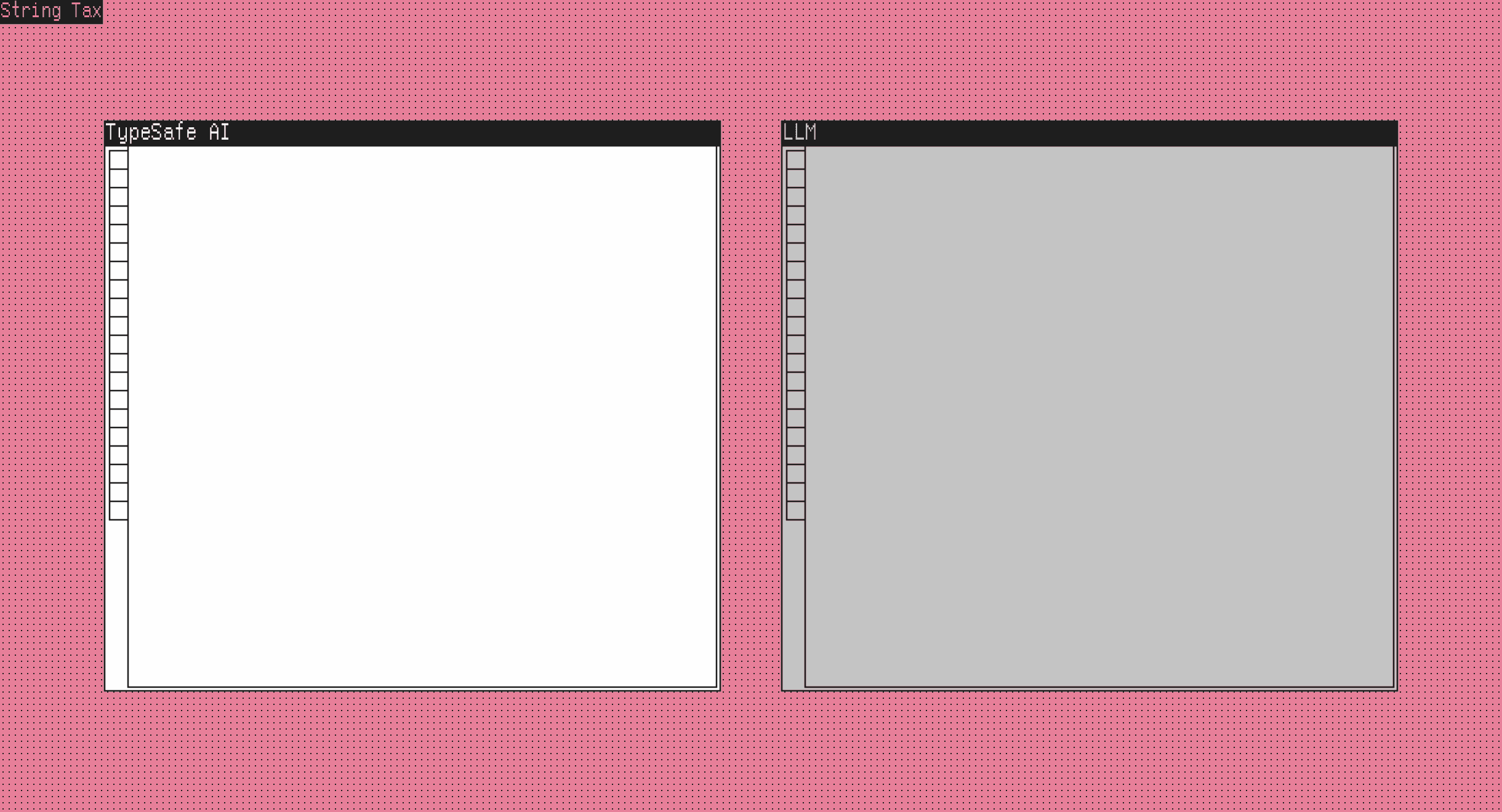 Static pink comparison artwork with blank TypeSafe AI and LLM window frames